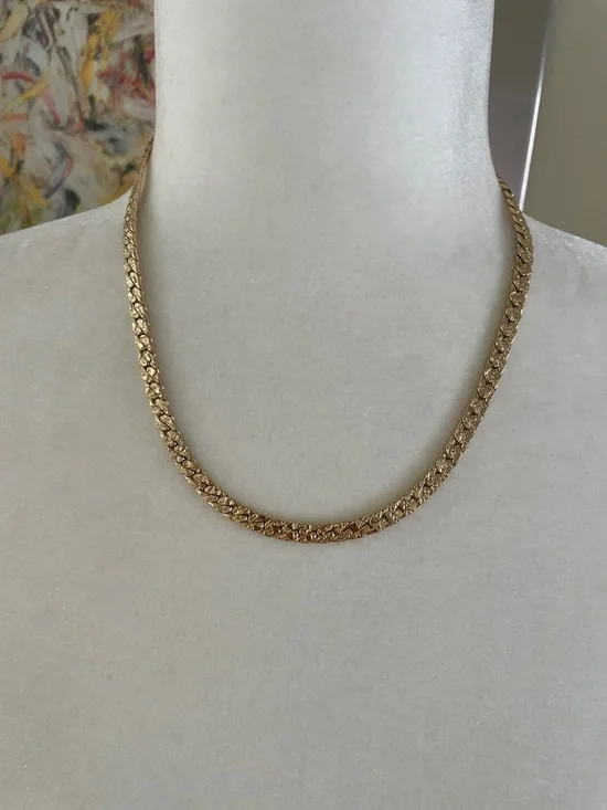 TEXTURED GOLD YONE GLAT CURB LINK CHAIN NECKLACE Vintage Style - Picture 6 of 9